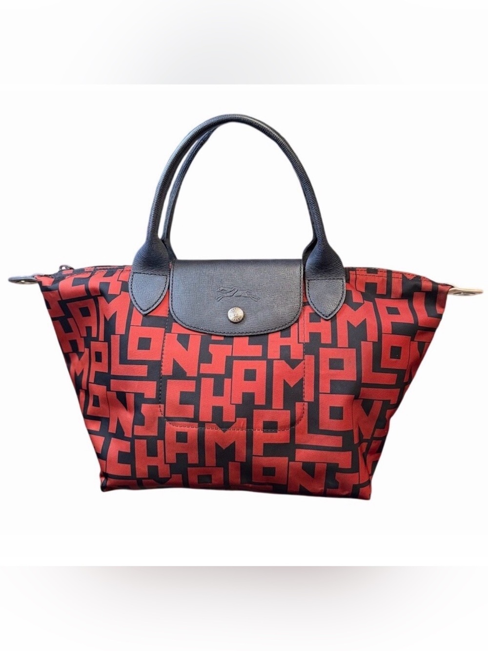Longchamp Le Pliage LGP Tote Bag Womens Red Black All-Over Logo Top Zip